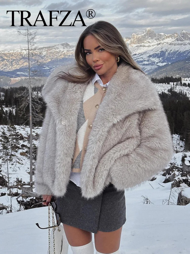 TRAFZA Winter Women Warm Faux Fur Coat Elegant Solid Loose Long Sleeve Thick Jacket Pockets Female Fashion Oversized Outerwear 250806