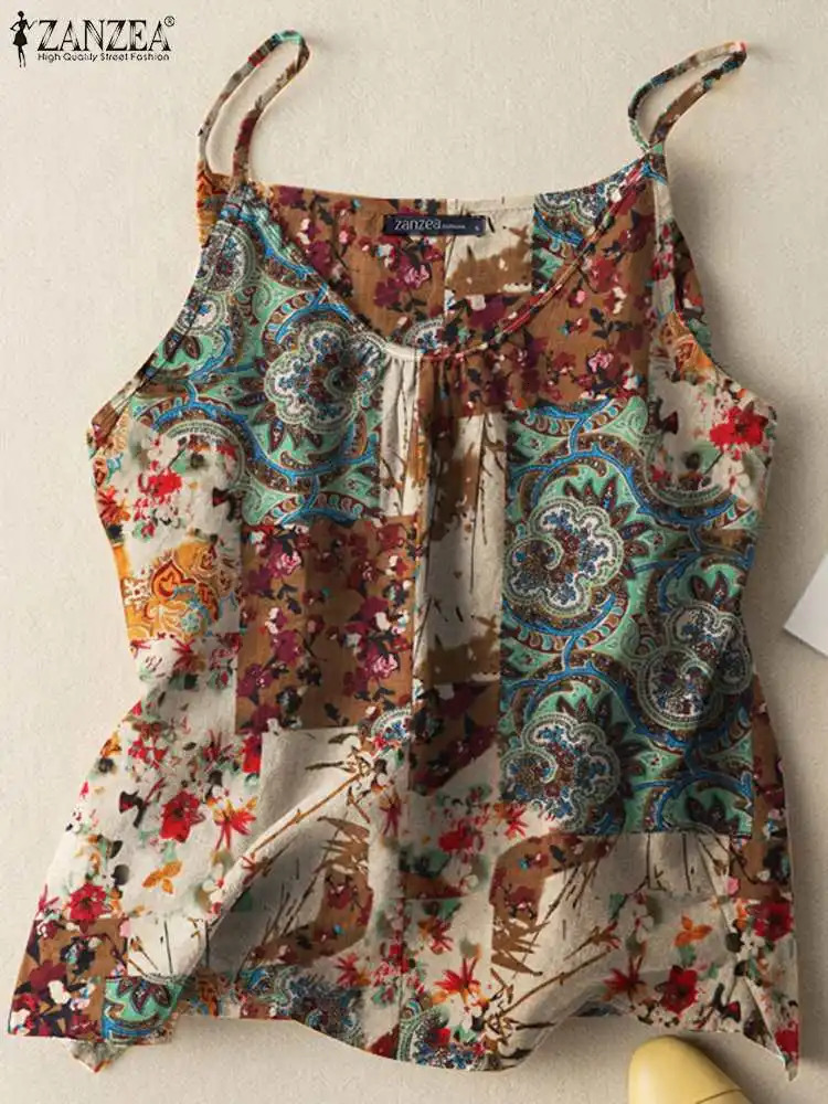 ZANZEA 2023 Summer Women Tanks Camis Cotton Sleeveless Printed Oversized Tops Baggy ONeck Floral printed Blusas Tunic Tee 250807
