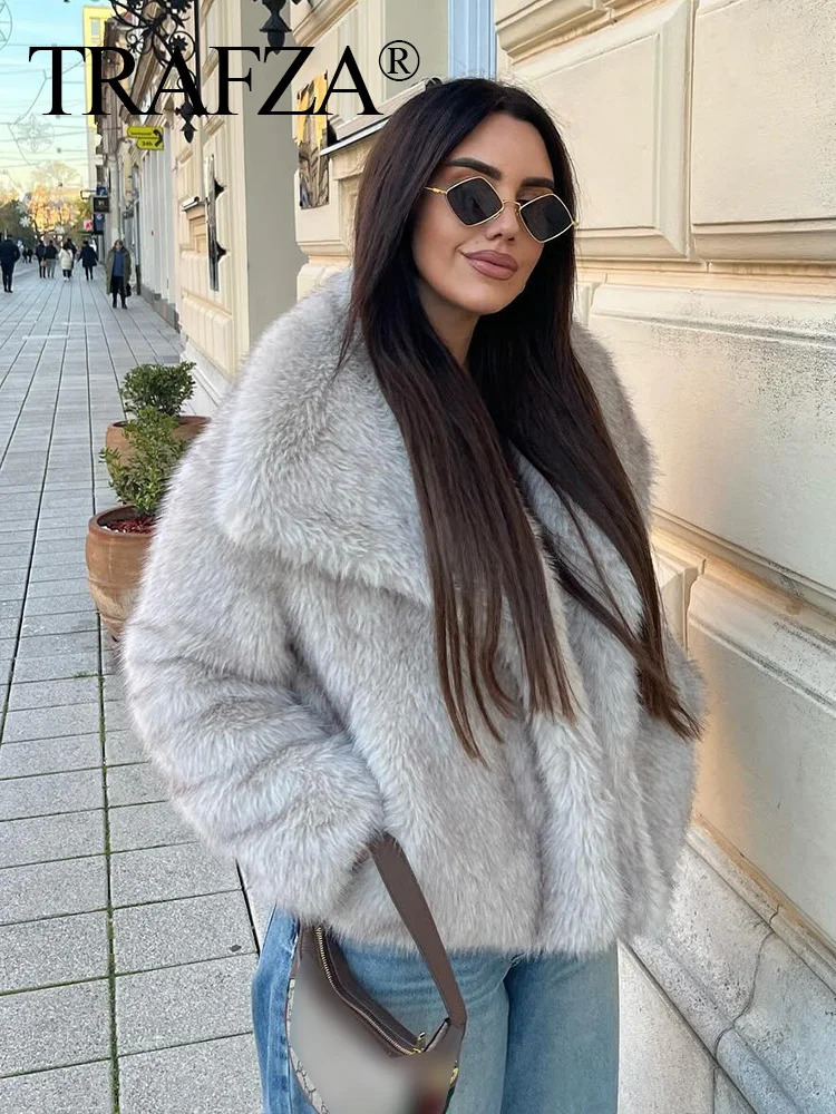 TRAFZA Winter Women Warm Faux Fur Coat Elegant Solid Loose Long Sleeve Thick Jacket Pockets Female Fashion Oversized Outerwear 250806