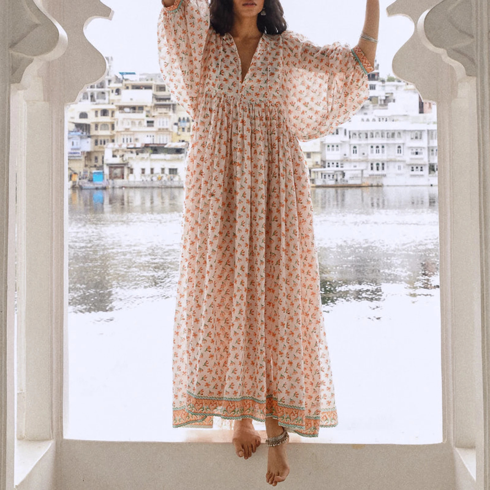 Combhasaki Womens Y2K Lantern Puff 3/4 Sleeve Lace-up Deep V Neck Floral Print Summer Casual Loose Fit Swing A-Line Long Dress 250728
