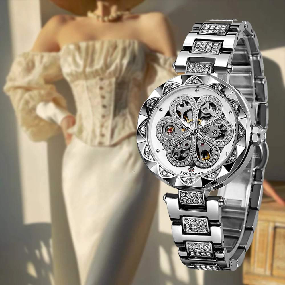 FORSINING Retro Elegant Women Automatic Mechanical Watch Skeleton Rhinestone Luminous Stainless Steel Stylish Female Wristwatch 250807
