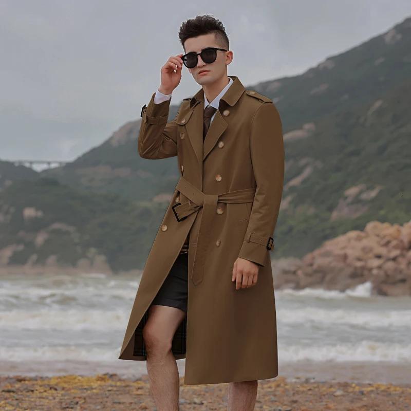 mens trench coat long knee length double breasted khaki English style thickened down liner windproof pure cotton jacket windbr 250801