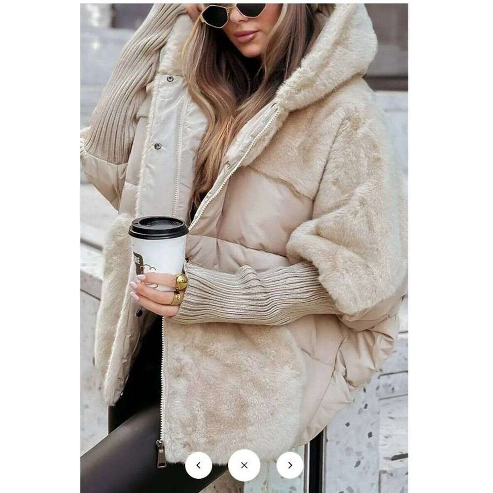 Winter women's loose down jacket with knitted sleeves