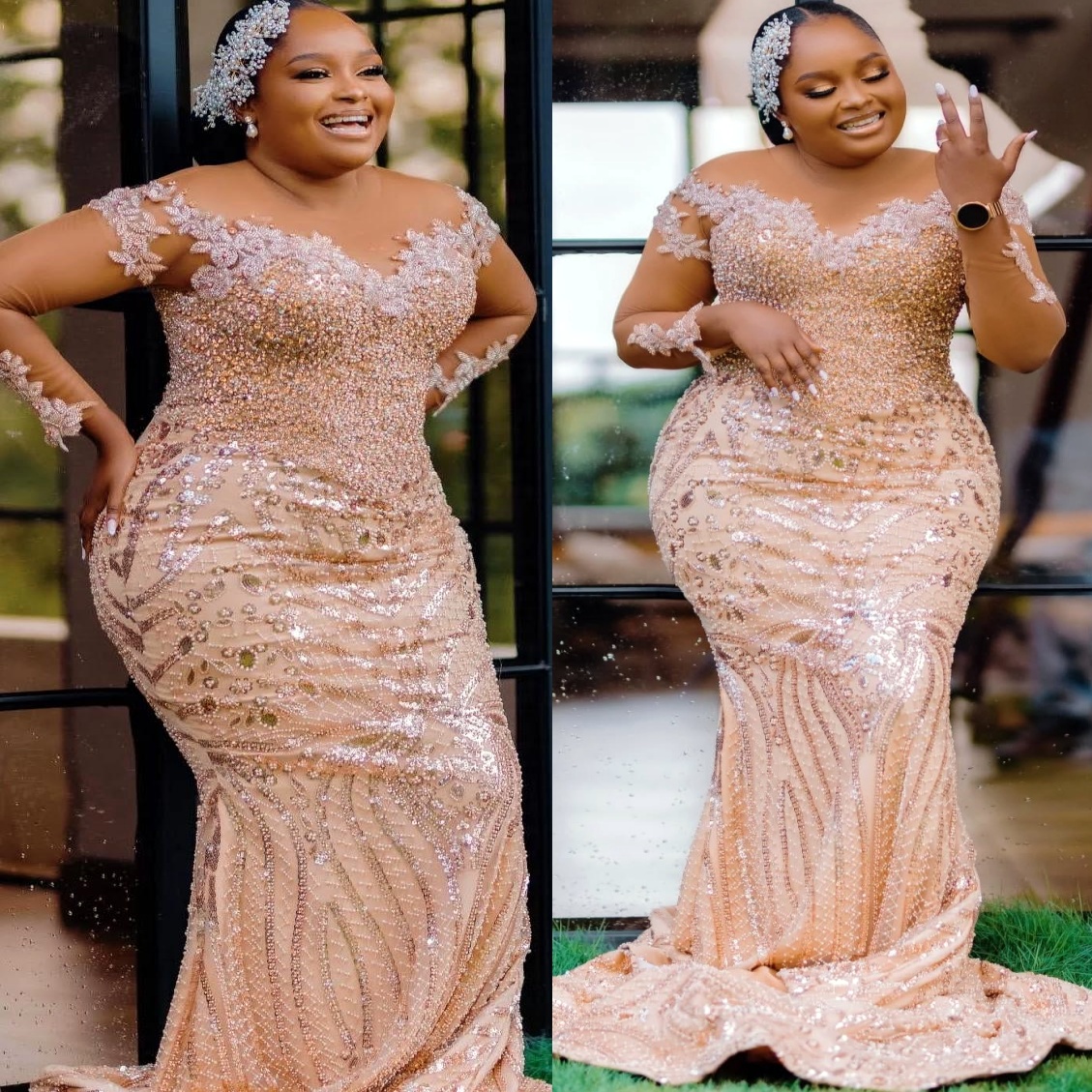 Mermaid Champagne Prom Dresses 2025 Lace Crystals Sheer Neck Sparkly Evening Formal Party Second Birthday Engagement Gowns Plus Size Dress For Special