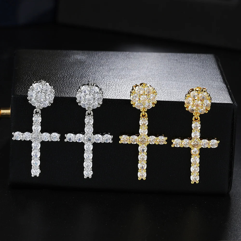 Male HipHop Ear Studs Full White Zircon Cross Stud Earrings For Men Women Punk Vintage Gold Silver Color Unisex Party Jewelry 250807