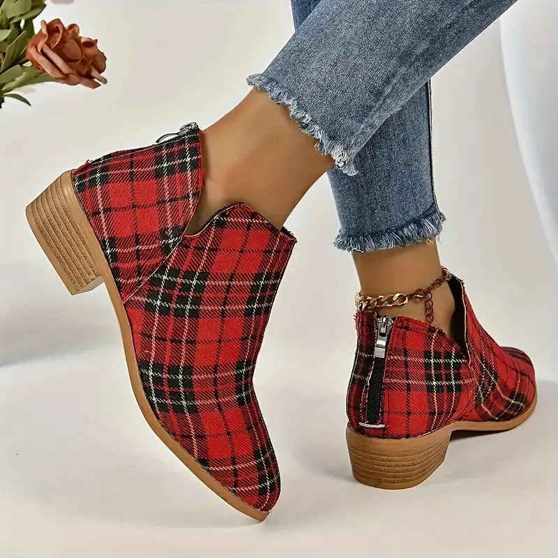 Ankle Boots Womens Christmas Plaid Print Zipper Retro Red Chelsea Outdoor Platform Shoes Classic Side Booties 250801