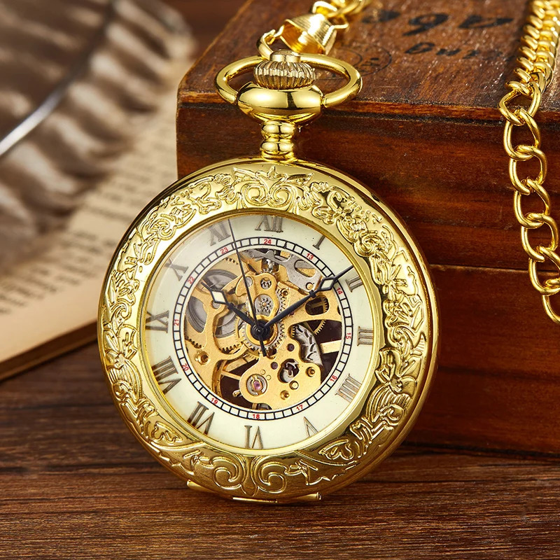 Vintage Gold Bronze Mechanical Pocket Watch Hand Winding Skeleton Roman Numerals Dial Fob Chain Clock for Men Drop 250807
