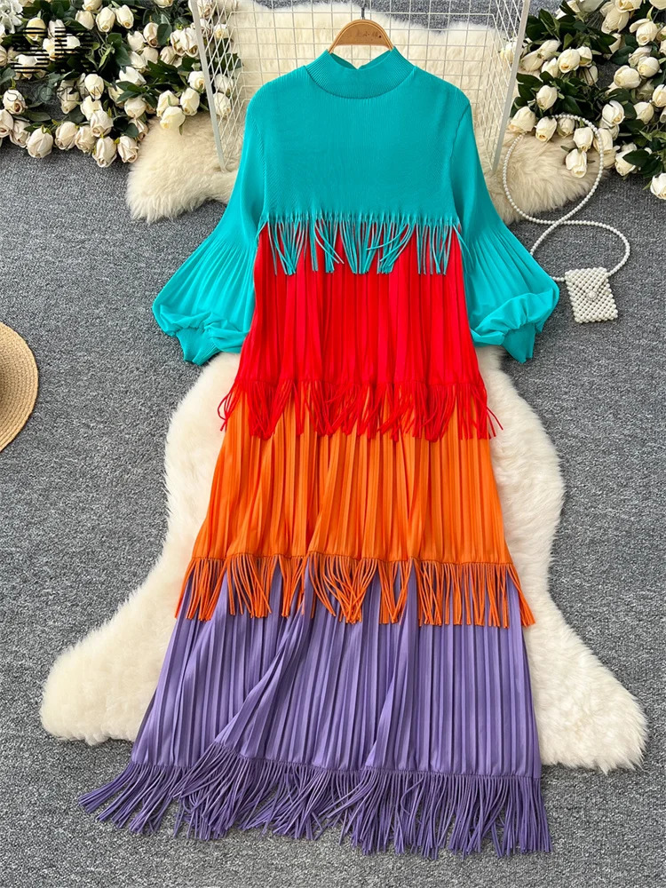 SINGREINY Multicolor Spring Loose Dress Women Lantern Sleeve Temperament O Neck 2025 est Vintage Tassel Senior Long Dresses 250728