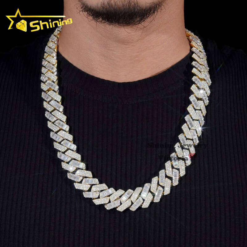 20MM Big Heavy Hip Hop Necklace Sier Baguette Iced Out VVS Moissanite Lab Dia Miami Cuban Link Chain
