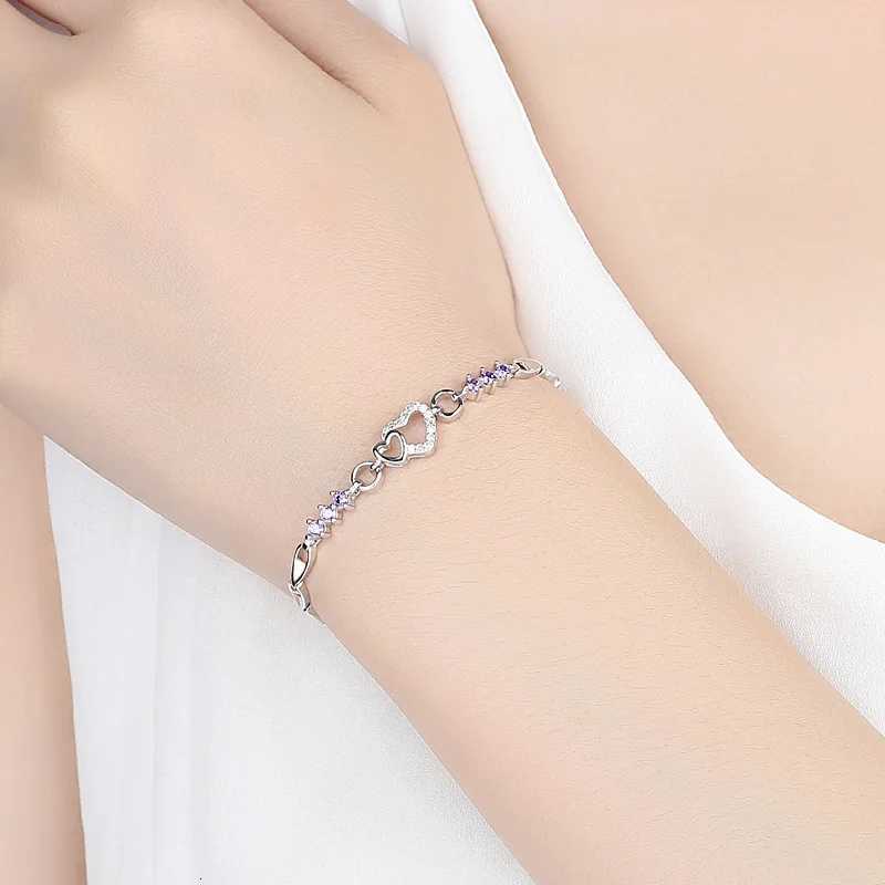 925 Sterling Silver Bracelet Purple Crystal Zircon Heart For Women Charm Bracelet Jewelry Gift Z250807