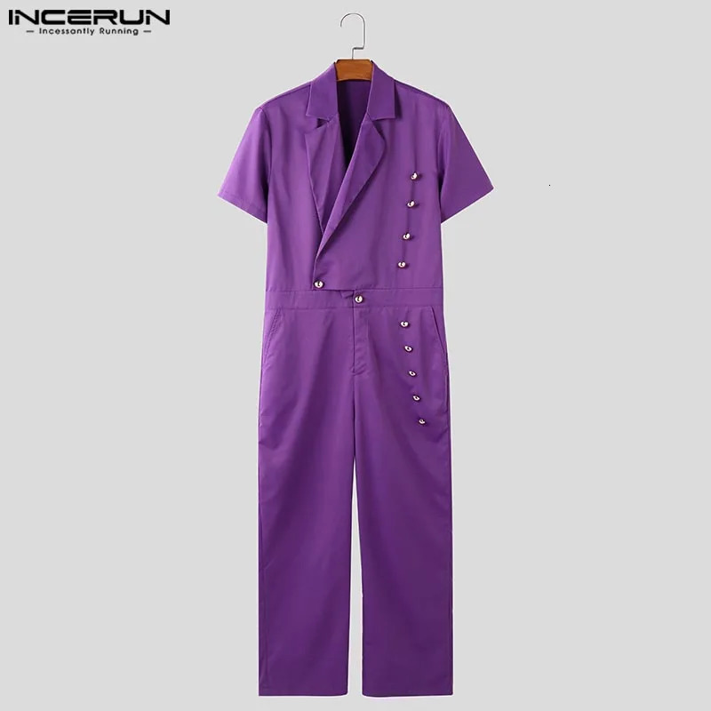 INCERUN Men Rompers Fashion Casual Pants Solid Buttons Overalls Streetwear Long Trouser Male Loose Jumpsuits Wide Leg 250804