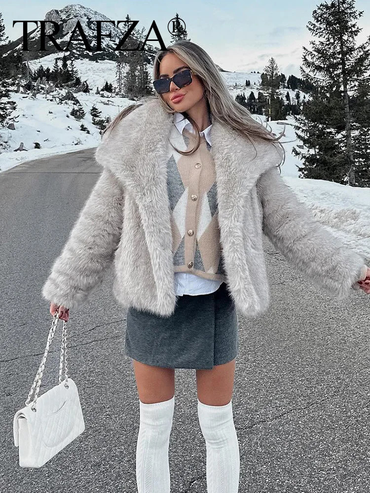 TRAFZA Winter Women Warm Faux Fur Coat Elegant Solid Loose Long Sleeve Thick Jacket Pockets Female Fashion Oversized Outerwear 250806