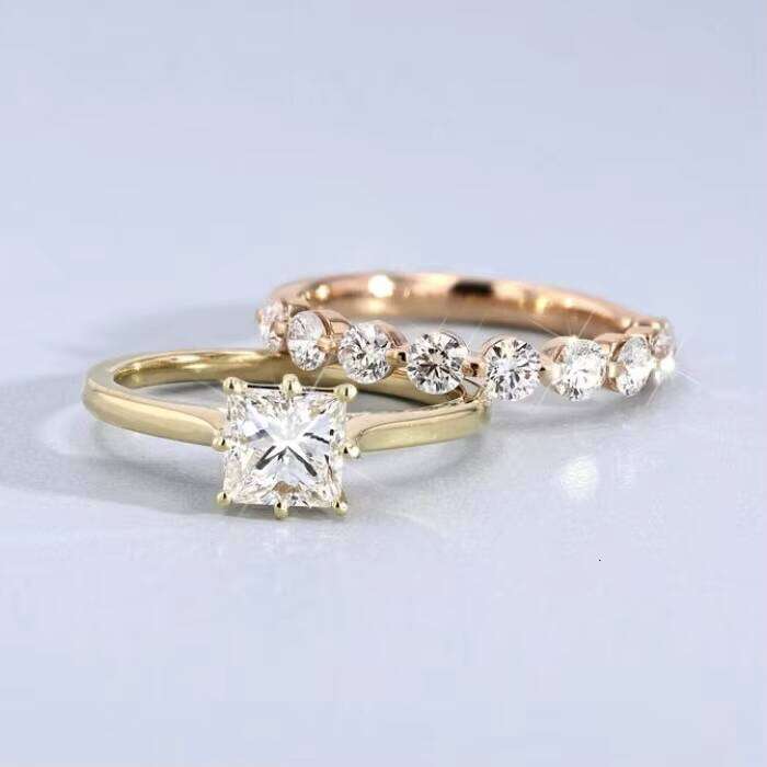 XingGuang Jewelry Trendy Band 14K Real Gold Wedding 1ct Solitaire Princess VVS Moissanite Engagement Ring Set for Women