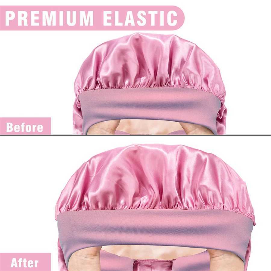 Ekstra Large Hair Long Silk Bonnet Cap With Elastic Satin Hair Band Comfortable Head Cover Night Sleep Hat For Sleeping Shower Z250808