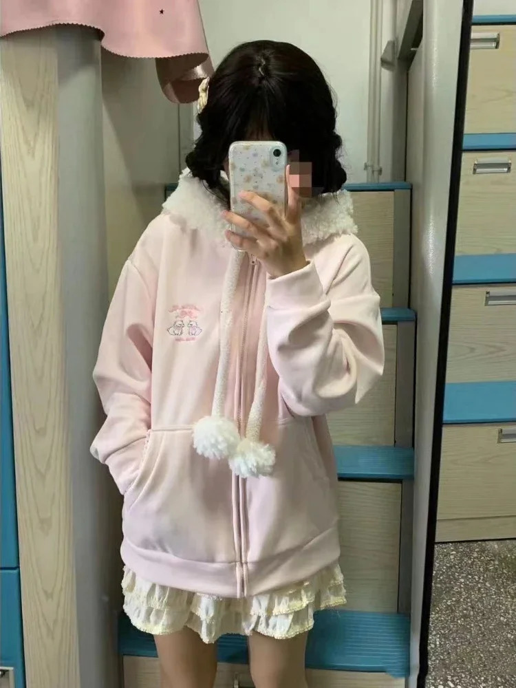 Japanese Sweet Hooded Cardigan Sweatshirt Embroidery Women Cute Jacket Spring Autumn Coat Y2k Kawaii Outerwear 250808