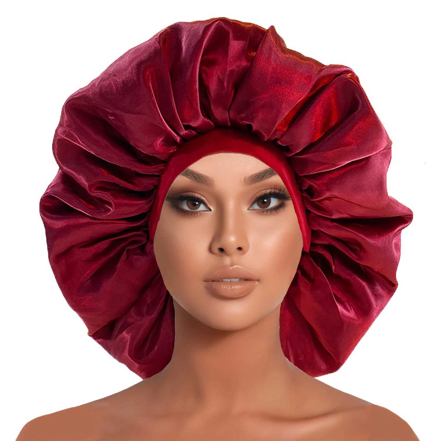 New Women Oversized Silky Hair Soft Elegant Bonnet Solid Color Satin Bonnet Sleeping Night Cap Elastic Shower Bath Hats Z250808