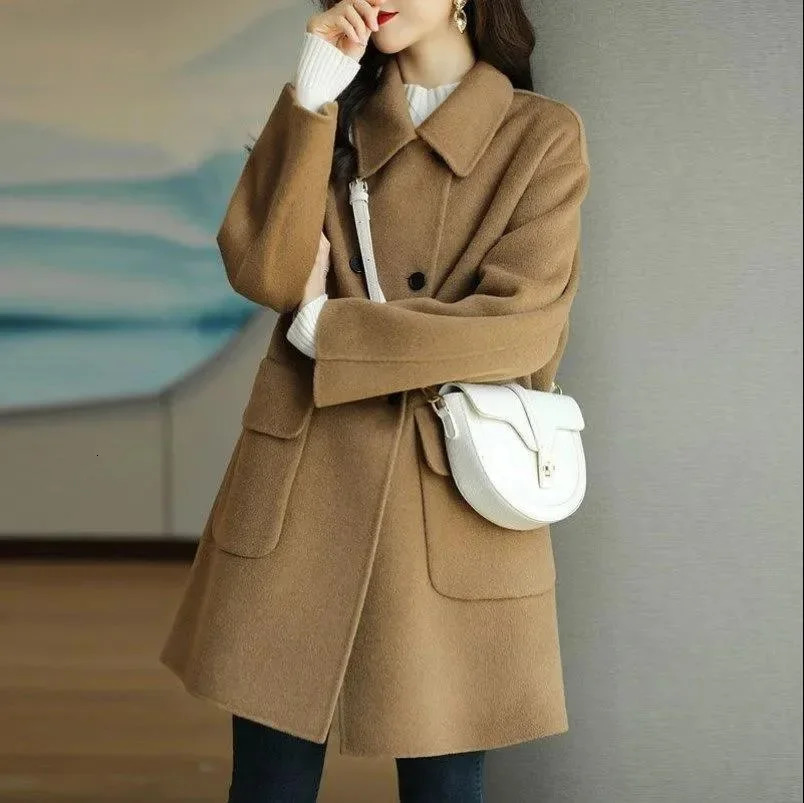 Plus Size Autumn Winter Thickened Woolen Coat Medium Length Korean Style Warm Loose Small Size Outerwear Anti-Aging Fashionab... 250805