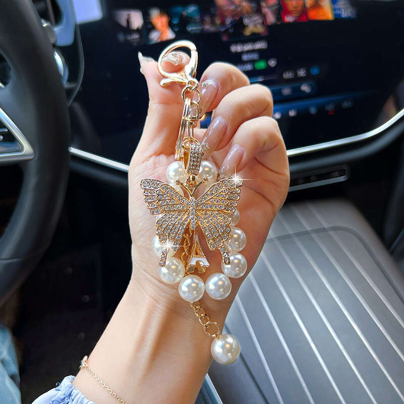 New Pearl String Alloy Butterfly Car Keychain Bag Korean Version Exquisite Decorative Pendant for Women