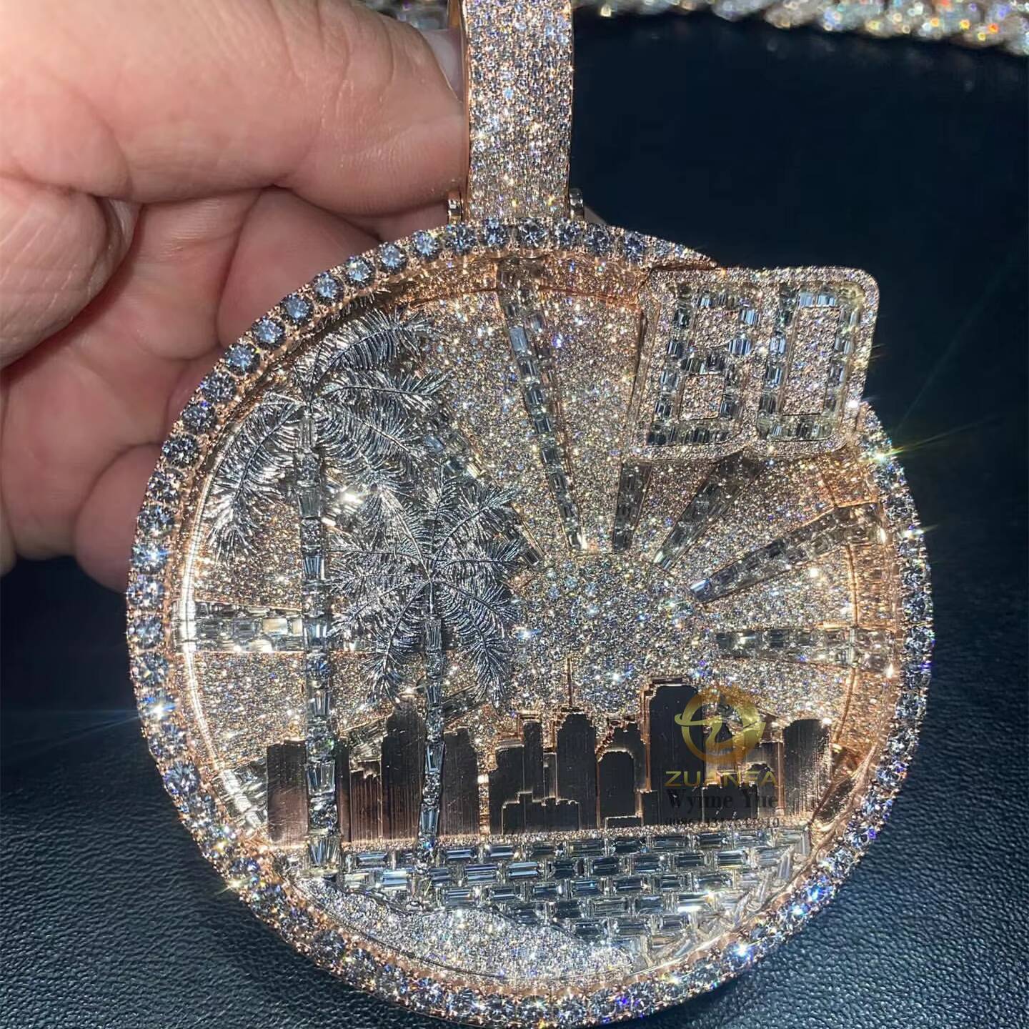 Hip Hop Bussdown Palm Tree Piece Baguette Moissanite Pendant Custom Rapper Iced Out Letter Pendant Jewelry