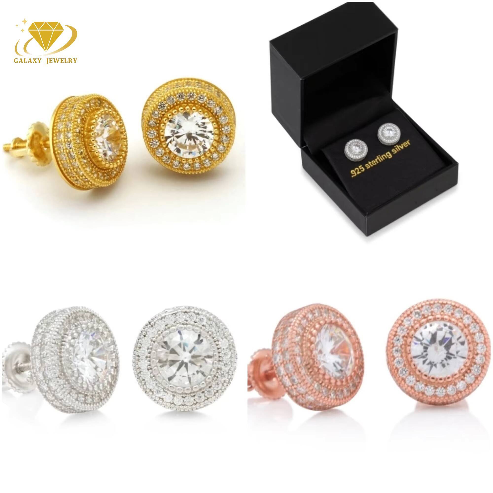 Hip Hop Studs Earrings Hot Sale Iced Out Jewelry 925 Sterling Silver Mens Round Diamond Moissanite Stud Earring