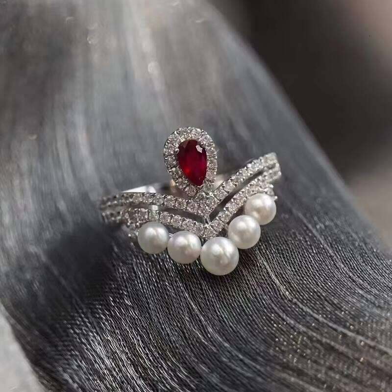 Jewelry Unique Design Natural Pearl Big Red Stone Ruby D Color VVS Moissanite White Gold Rings for Gift