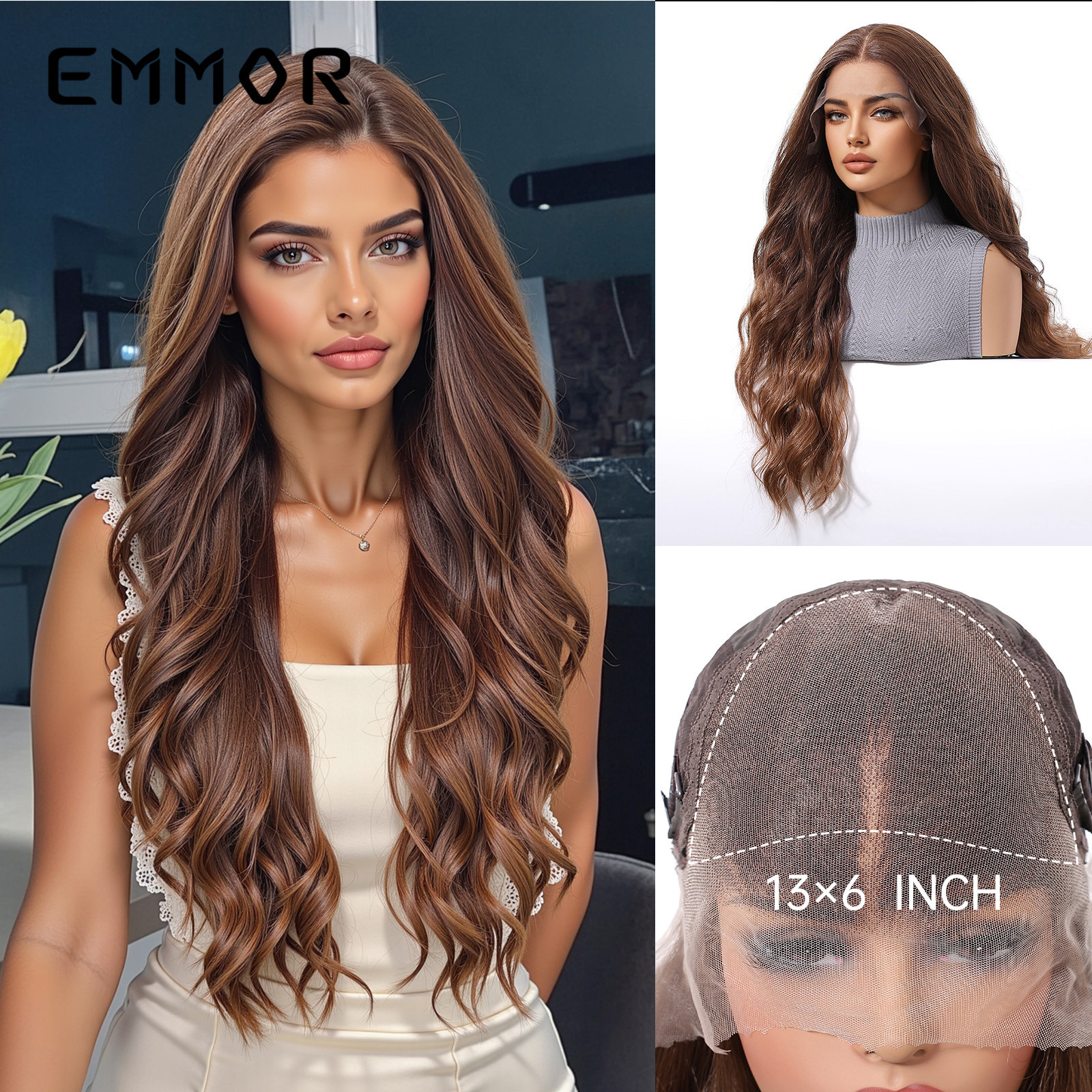 New 13X6 Large Area Silk Middle Part Black Big Wave Long Curly Lace Full Head Hairstyle