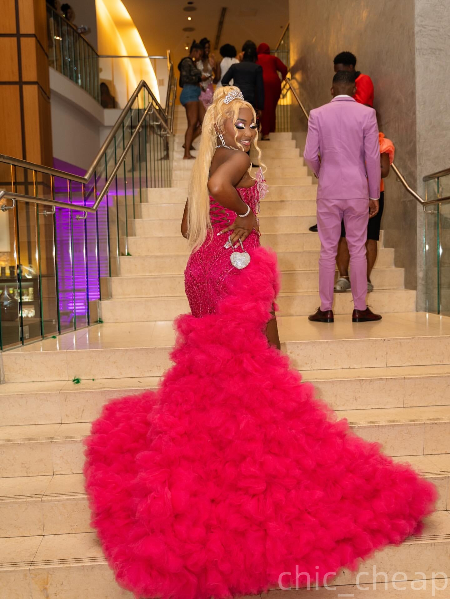 Mermaid Fuchsia Prom Dresses 2025 Florals Crystals High Split Tiers Evening Formal Party Second Birthday Engagement Gowns Plus Size Dress For Special 