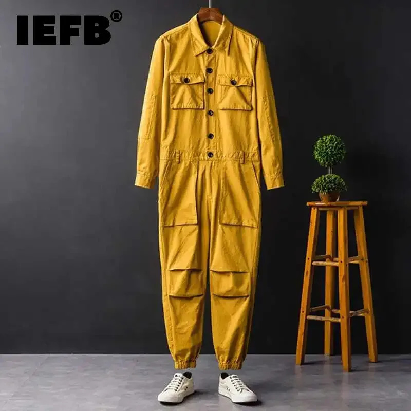 IEFB Mens Jumpsuit Long Sleeve Workwear Single Breasted Lapel Cloth Summer Autumn Male Trousers Trendy Menwear 9C600 250804