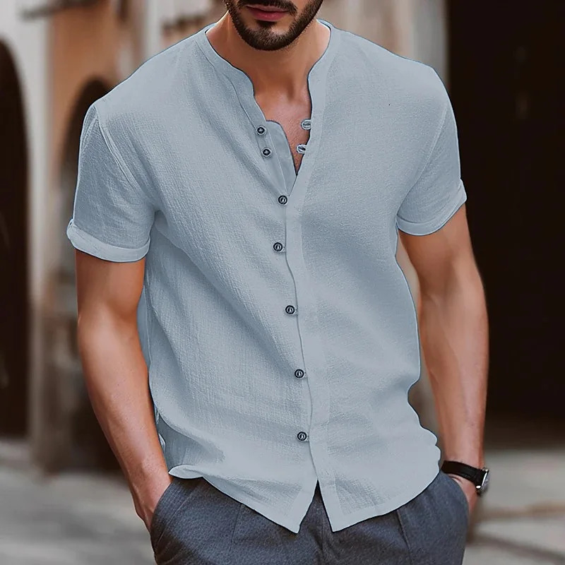 High quality fashion mens collarless short sleeve Polo shirt beach style casual Tshirt garment top 250808