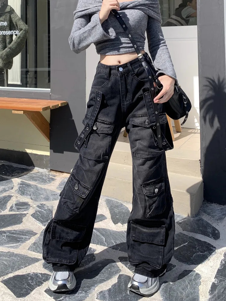 2000S Clothes Y2K Streetwear Washed Black Baggy Cargo Jeans Pants For Women Wide Leg Multi Pockets Straight Loose Lady Trousers 250804