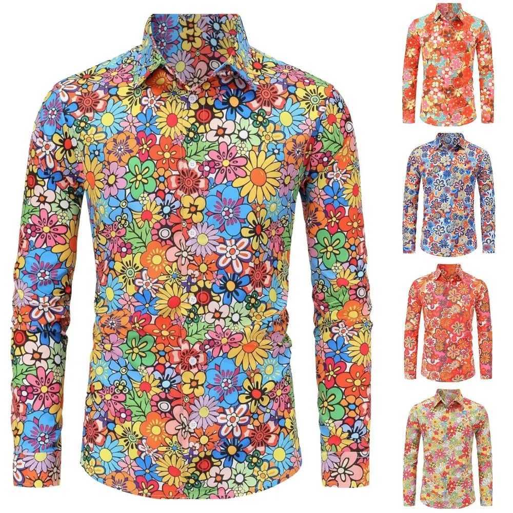 Mens Long Sleeves Shirts Hippie 70s Disco Hip Hop Button Flower Retro Long Sleeve Shirt New Mens Casual Blouse Unisex Tops W250808