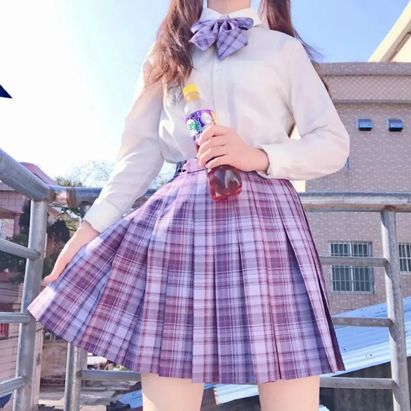 Grape soda Purple Plaid Skirts JK School Uniform Japanese Girls Summer High Waist Pleated Skirt Dress For Students Girl 250729
