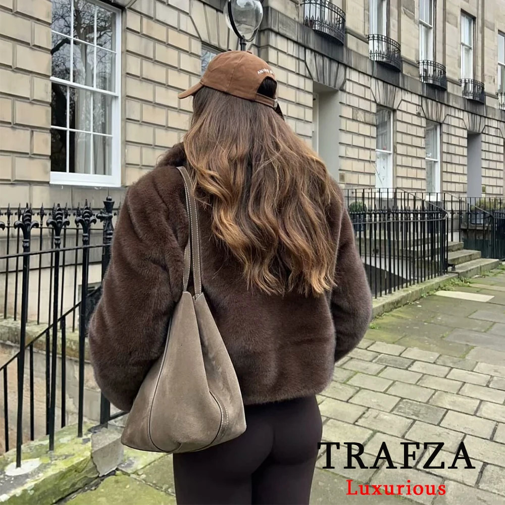 TRAFZA Vintage Causal Faux Fur Jackets Women Long Sleeve Loose Buttons Coats Fashion Spring Brown Fur Coats Elegant Outwear 250806