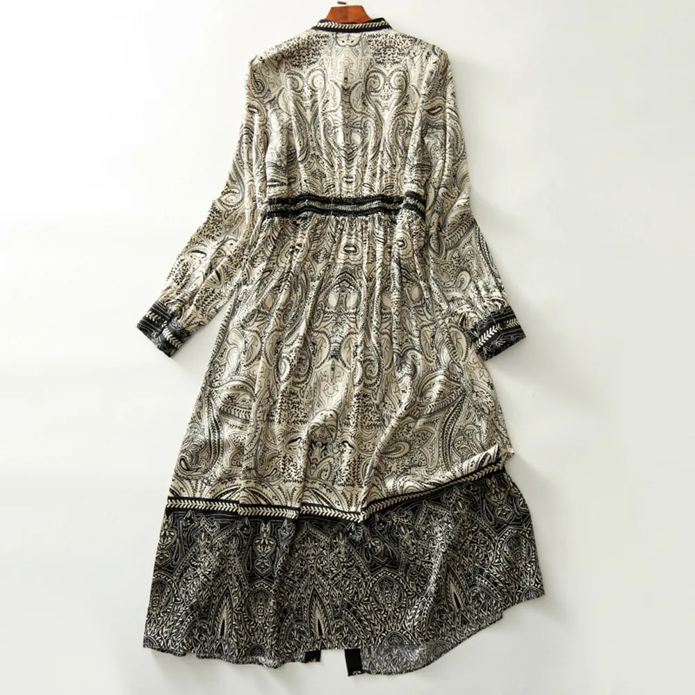 Vintage Style Printed Womens Dress Long Sleeved Dresses Autumn Trendy Woman Lace Up Office Clothing 250728
