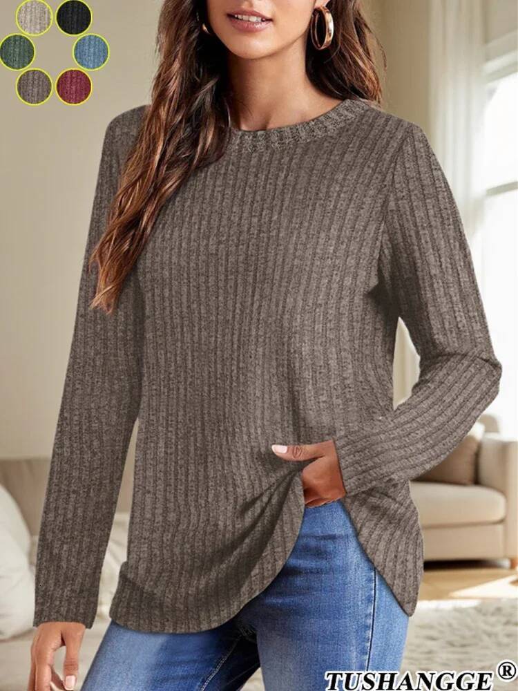 2024 Autumn Women Round Neck Long Sleeved Pit Stripe Pullovers Solid Color Lightweight Ladies Sweaters Comfortable Woman Clothes dongdumaoyi