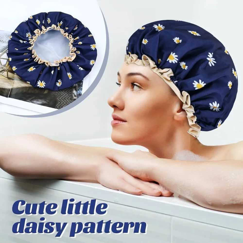 Satin Lined Shower Cap Adjustable Waterproof Bath Hair Bonnet with Silky Fabric for Women Travel Z250808
