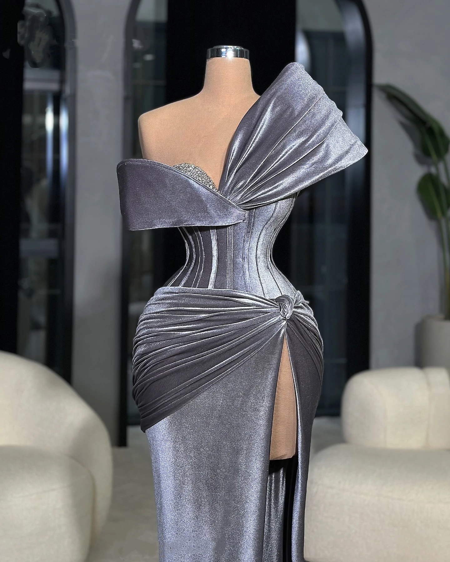 Vintage Evening Dresses One Shoulder Velvet Prom Gowns Rhinestone High Split Slim Floor Length Customized Party Vestidos De Noche Plus Size