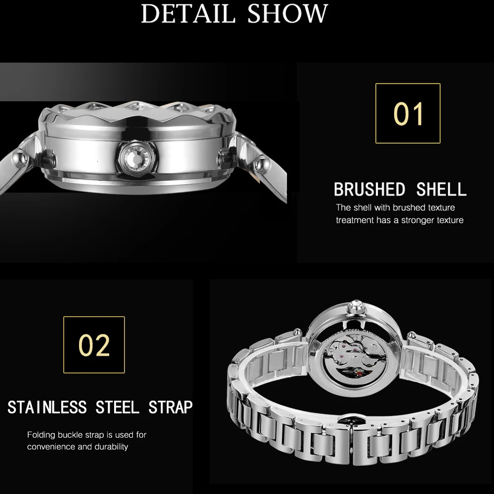 FORSINING Retro Elegant Women Automatic Mechanical Watch Skeleton Rhinestone Luminous Stainless Steel Stylish Female Wristwatch 250807