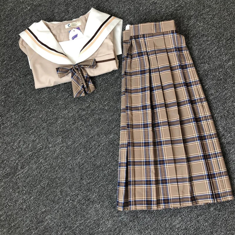 School Dresses Japanese College Middle Uniform For Girls Jk Uniforms Lady Sailor Suit Tea Brown Color Plaid Pleated Skirt 250729
