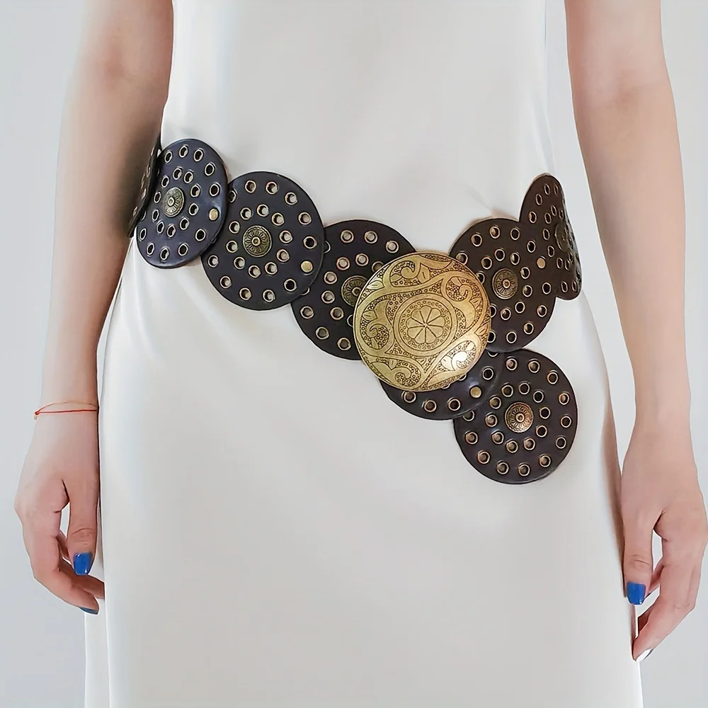 Western Cowboy Wide Golden Rivet Steampunk Circles PU Leather Waistband Vintage Large Round Buckle Waist Belt Girdle For Women 250805