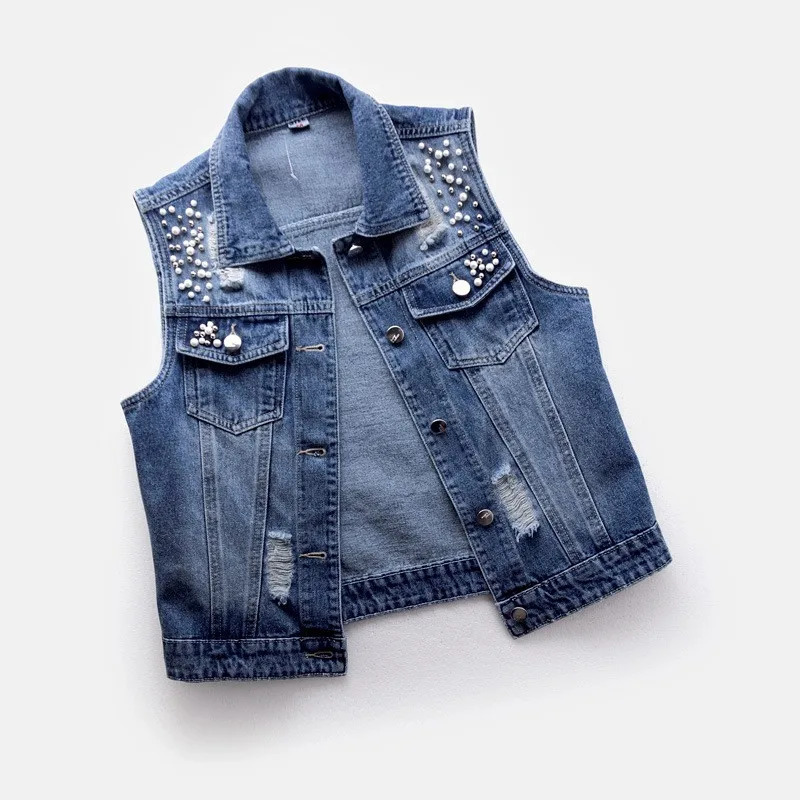 Women Lapel Jacket Vintage Denim Vest Loose Fit Bead Decor Single-breasted Hop Streetwear for Ladies Fall/spring Waistcoat 250804