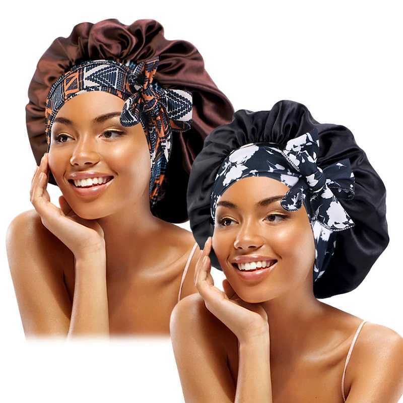 2PCS/LOT Boho Printed Headband Satin Bonnet Lace Up Bowknot Hair Bonnet Elastic Sleeping Night Cap Shower Bath Bonnets For Women Z250808