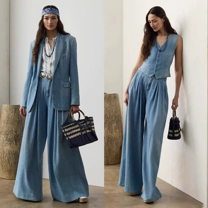 High Quality Cotton Pants Elegant Womens Denim Blue Blazer Outfits Fashion Ladies Vest Business Wear 250728