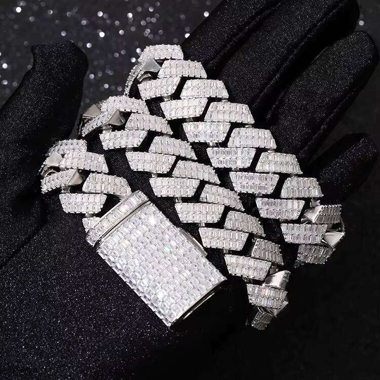 High Quality Custom Jewelry 20mm Sterling Sier VVS Baguette Moissanite Dia Iced Out Cuban Link Chain for Men