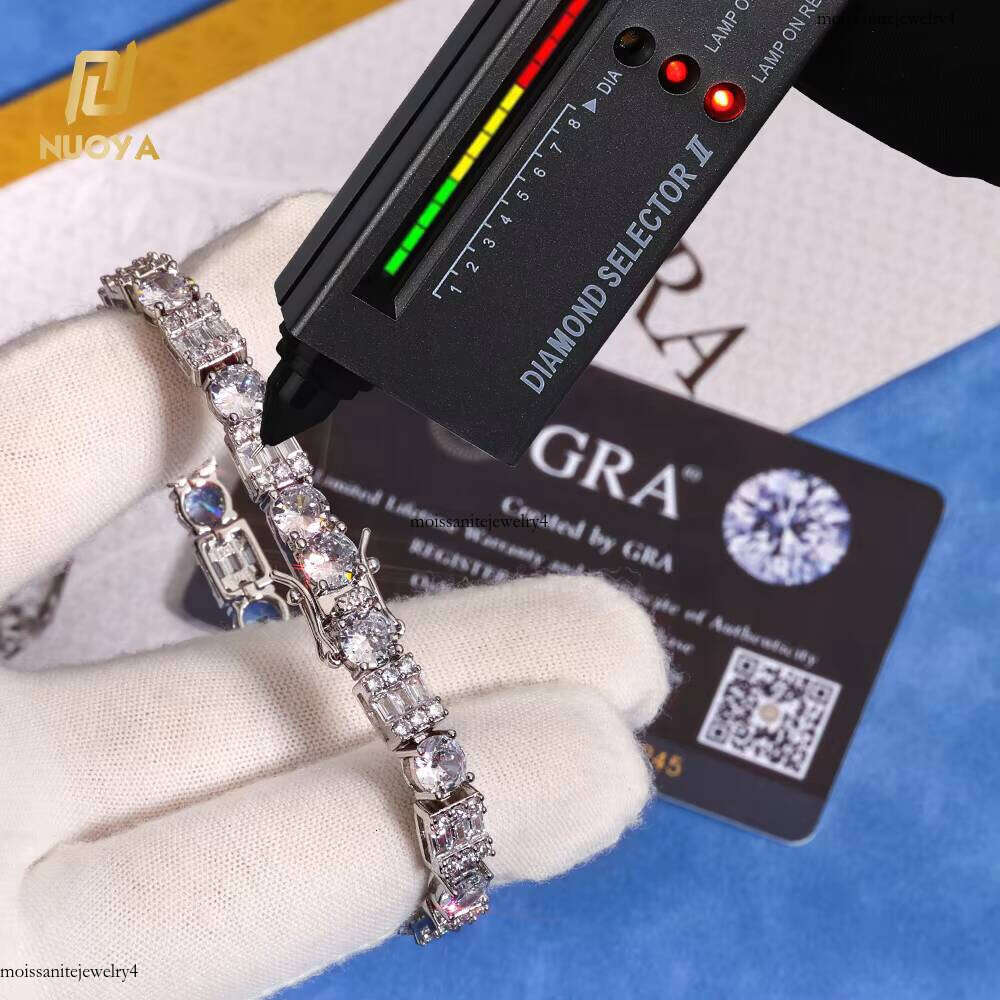 NUOYA Women's Hip Hop Sier Tennis Chain Bracelet Iced Out Baguette Round VVS Moissanite Fine Jewelry