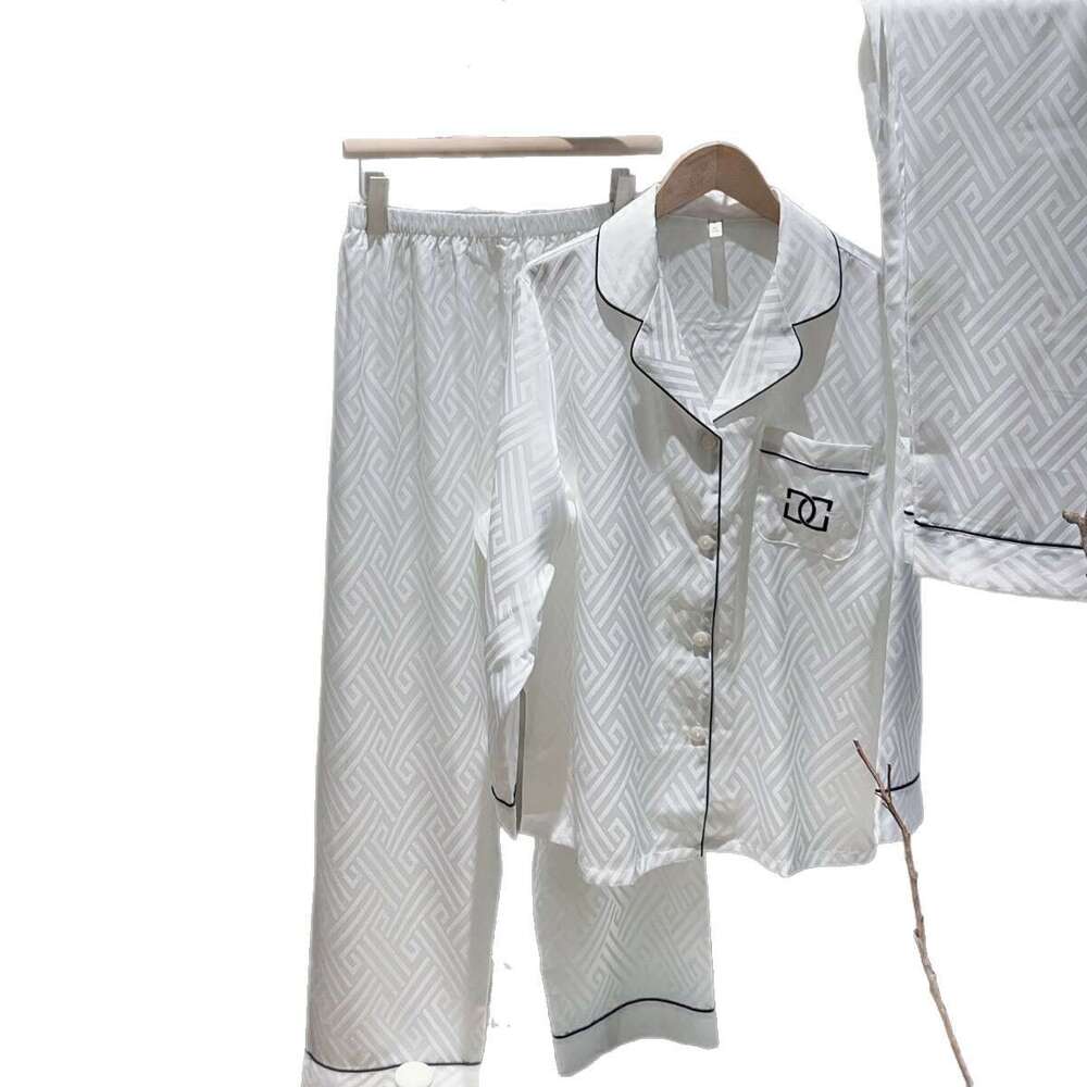 Spring Autumn Couple Pajamas Set Women, Long Sleeve Ice Silk Embroidered Jacquard Waffle Solid Color Thin Homewear For Men And Women