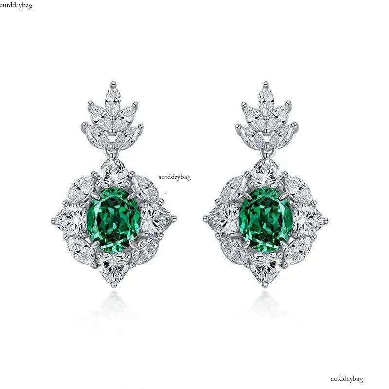 2024 Handmade Sparkling Dangle Earrings Jewelry Sterling Sier Oval Cut Emerald CZ Dia Party Women Wedding Flower Drop Earring Gift