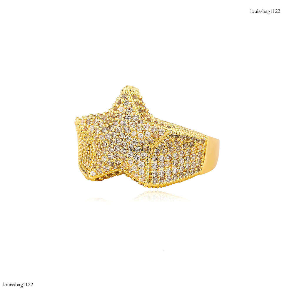Hip Hop Full Diamond Pentagram Sterling Silver Gold Plated Street Style Personality Fashion Trendy Men's Versatile Ring
