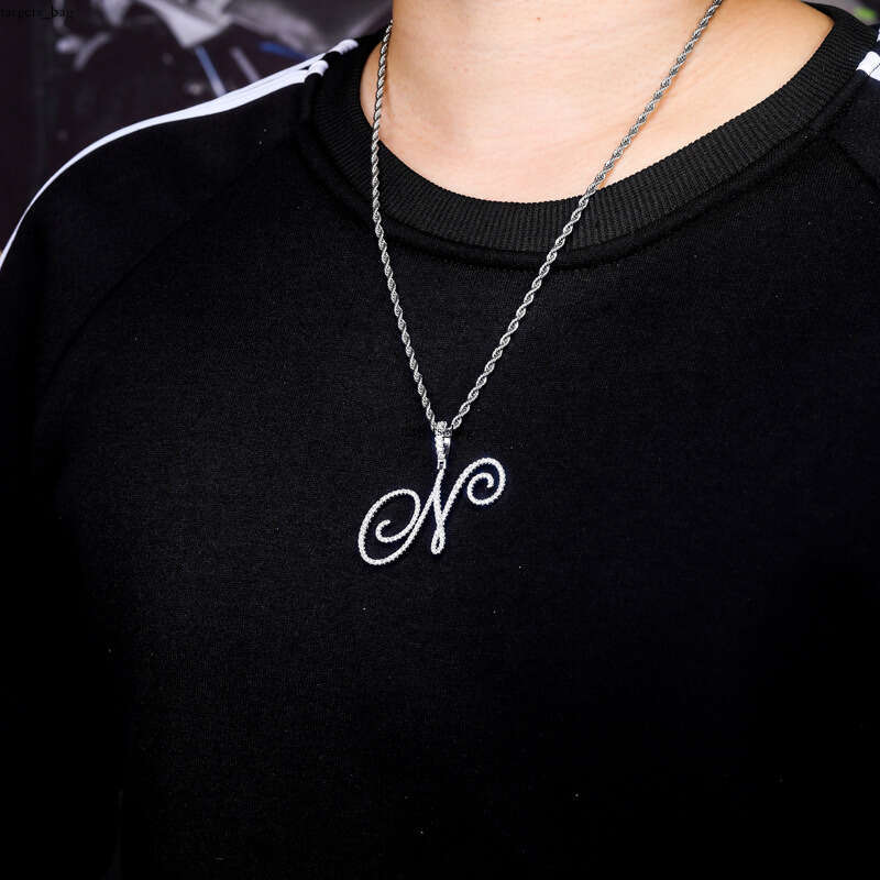 INS Cursive Artistic Letter Pendant Full Moissanite chain Personality Necklace for Men and Women Accessories