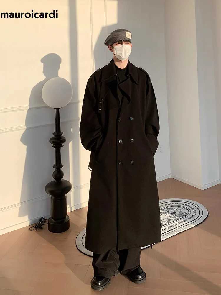 Mauroicardi Autumn Winter Long Oversized Windproof Black Warm Woolen Coat Men Sashes Double Breasted Wool Blends Overcoat 2023 XJ250809